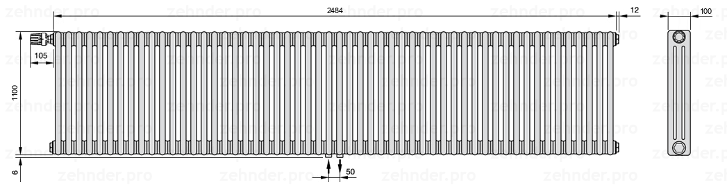 Схема (чертеж) Радиатор Zehnder Charleston 3110/54 №V007 Белый глянцевый RAL 9016